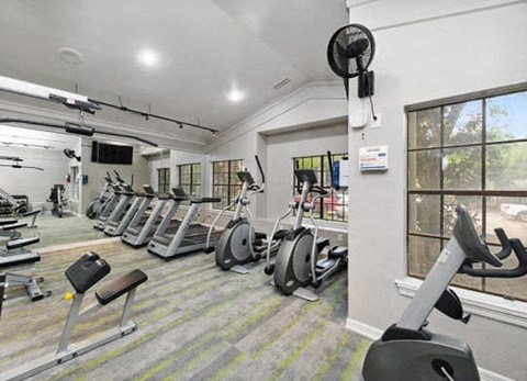 a gym with a lot of exercise equipment and a window at Heatherstone, Dallas, TX, 75287