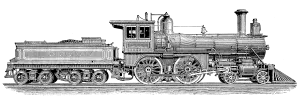 a silver and black train engine on a green