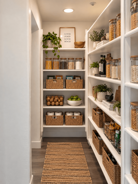 A pantry with white shelves and baskets filled with food items.
