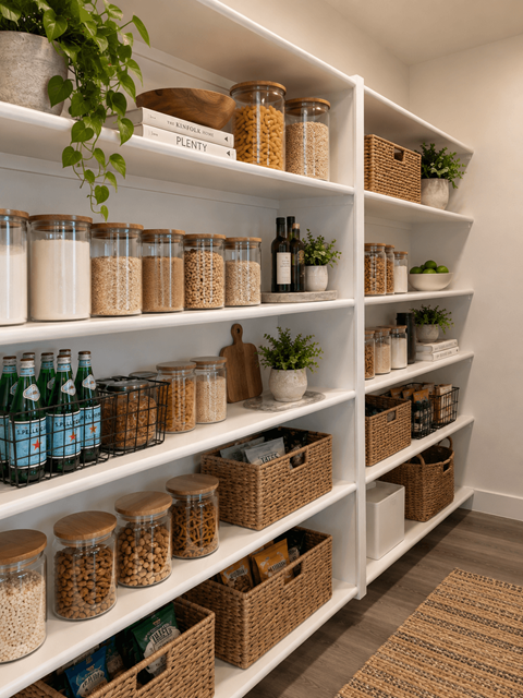 A pantry with white shelves and baskets filled with food.