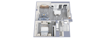 A top-down view of a modern bedroom with a bed, nightstand, and a wall-mounted TV.