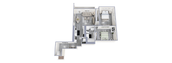 A well-furnished apartment layout with a bedroom, living room, kitchen, and bathroom.