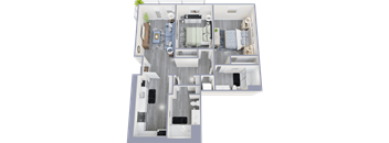 A 3D floor plan of a house with a living room, kitchen, dining room, and bedrooms.