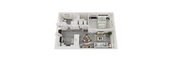 A top-down view of a modern, well-lit, and spacious living area with a kitchen, dining table, and a cozy seating area.