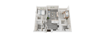 A top-down view of a modern, white-walled house with a central living area and multiple bedrooms.