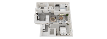 A top-down view of a modern, white-themed apartment with a living room, kitchen, dining area, and two bedrooms.