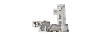 A 3D rendered image of a modern house layout.