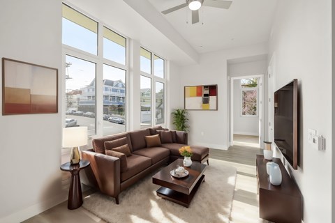 a living room with a couch and a coffee table