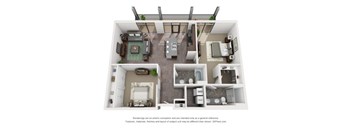 A 3D floor plan of a small apartment with a kitchen, living room, bedroom, and bathroom.
