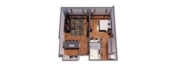 A top down view of a small apartment with a kitchen, living room, and bathroom.
