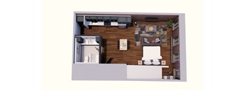 A top-down view of a kitchen with a dining table and chairs.