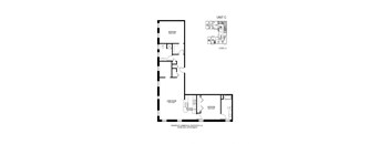 A floor plan for a unit with a bedroom, living room, and bathroom.