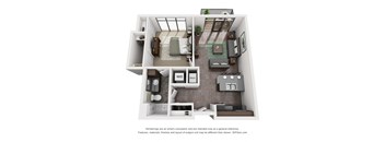 A 3D floor plan of a small apartment with a kitchen, living room, and bathroom.