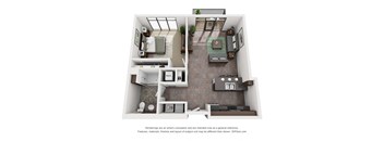 A 3D floor plan of a small apartment with a kitchen, living room, and bathroom.