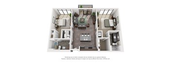 A 3D floor plan of a small apartment with a kitchen, living room, and bathroom.