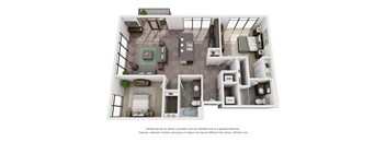 A 3D floor plan of a small apartment with a kitchen, living room, and bathroom.