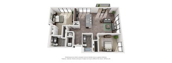 A 3D floor plan of a small apartment with a kitchen, living room, and bathroom.