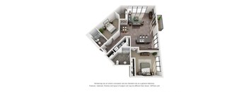 A 3D floor plan of a small apartment with a kitchen, living room, and two bedrooms.