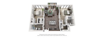 A 3D floor plan of a house with a kitchen, living room, and bathroom.