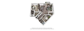 A 3D floor plan of a house with a kitchen, living room, and two bedrooms.