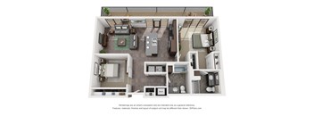 A 3D floor plan of a house with a kitchen, living room, and bathroom.