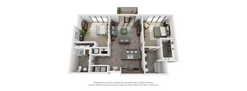 A 3D floor plan of a house with a kitchen, living room, and bathroom.