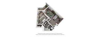 A 3D floor plan of a house with a kitchen, living room, and two bedrooms.