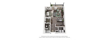 A 3D floor plan of a small apartment with a kitchen, living room, and bathroom.