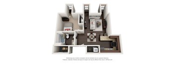 A 3D floor plan of a house with a living room, kitchen, and two bedrooms.