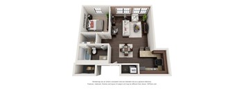 A 3D floor plan of a house with a living room, kitchen, dining room, and bedrooms.