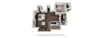 A 3D floor plan of a house with a kitchen, living room, and bedrooms.