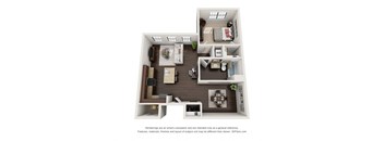 A 3D floor plan of a small apartment with a kitchen, living room, and bathroom.