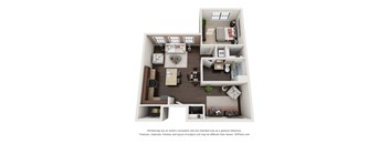 A 3D floor plan of a small apartment with a kitchen, living room, and bedroom.