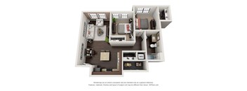 A 3D floor plan of a small apartment with a kitchen, living room, and bedroom.