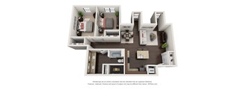 A 3D floor plan of a house with labeled rooms.