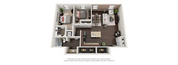 A 3D floor plan of a house with a kitchen, living room, and two bedrooms.