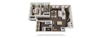A 3D floor plan of a house with a kitchen, living room, dining room, and bedrooms.