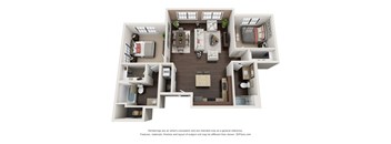A 3D floor plan of a house with a kitchen, living room, and two bedrooms.