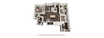 A 3D floor plan of a house with a living room, dining room, kitchen, and two bedrooms.