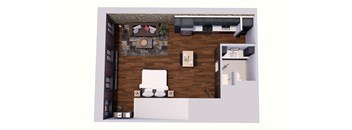 A top-down view of a room with a couch, a chair, a table, a plant, a clock, a bookshelf, and a bed.