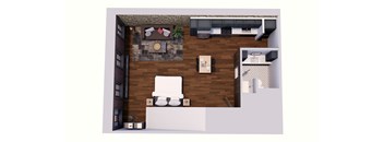 A top-down view of a room with a couch, a chair, a table, a plant, a clock, a bookshelf, and a bed.