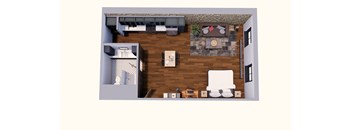 A living room with a couch, a coffee table, and a television.