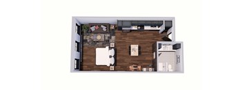 A top down view of a living room with a couch, coffee table, and television.