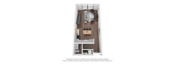 A 3D floor plan of a small apartment with a kitchen, living room, and bathroom.