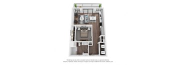 A 3D floor plan of a small apartment with a kitchen, living room, and bathroom.