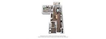 A 3D floor plan of a house with a kitchen, living room, and two bedrooms.