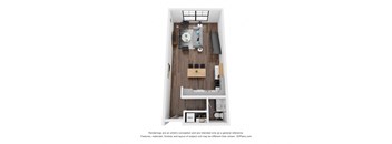 A 3D floor plan of a small apartment with a kitchen, living room, and bathroom.