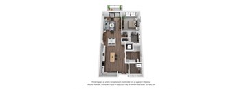 A 3D floor plan of a small apartment with a kitchen, living room, and bedroom.