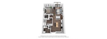 A 3D floor plan of a small apartment with a kitchen, living room, and two bedrooms.