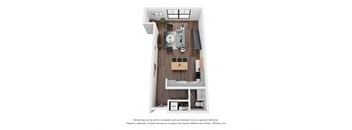 A 3D floor plan of a small apartment with a kitchen, living room, and bathroom.